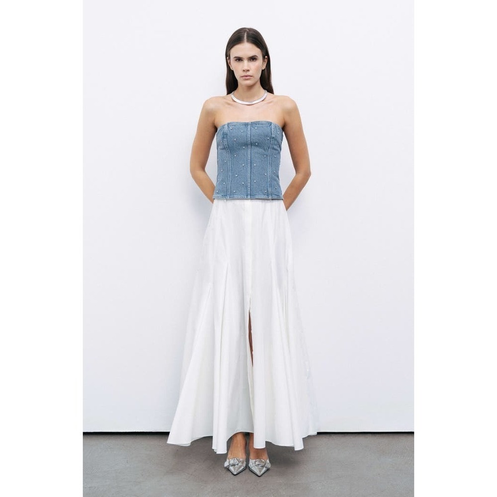 NWT Nocturne Rhinestone Studded Denim Strapless Corset Top